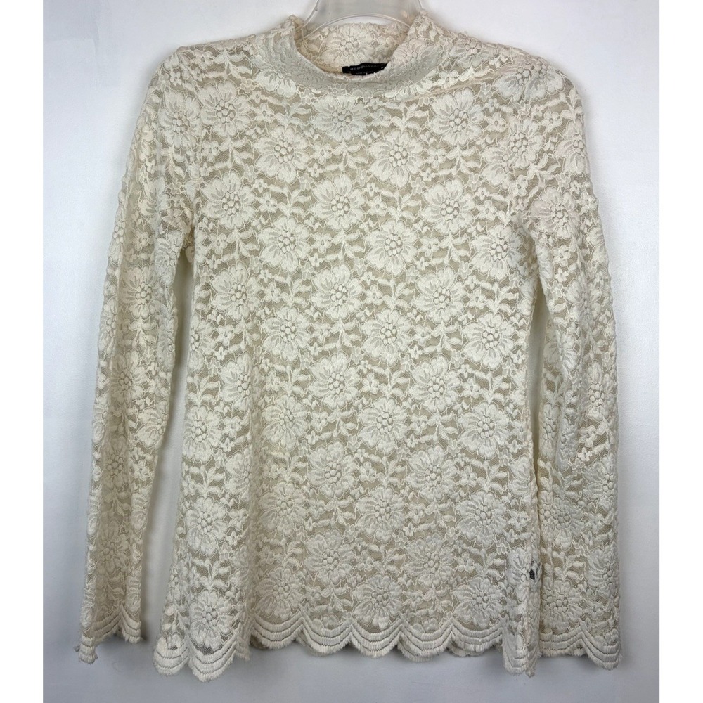 BCBG Maxazria Ivory Lace Top Womens Medium Mock Neck Long Sleeve Read